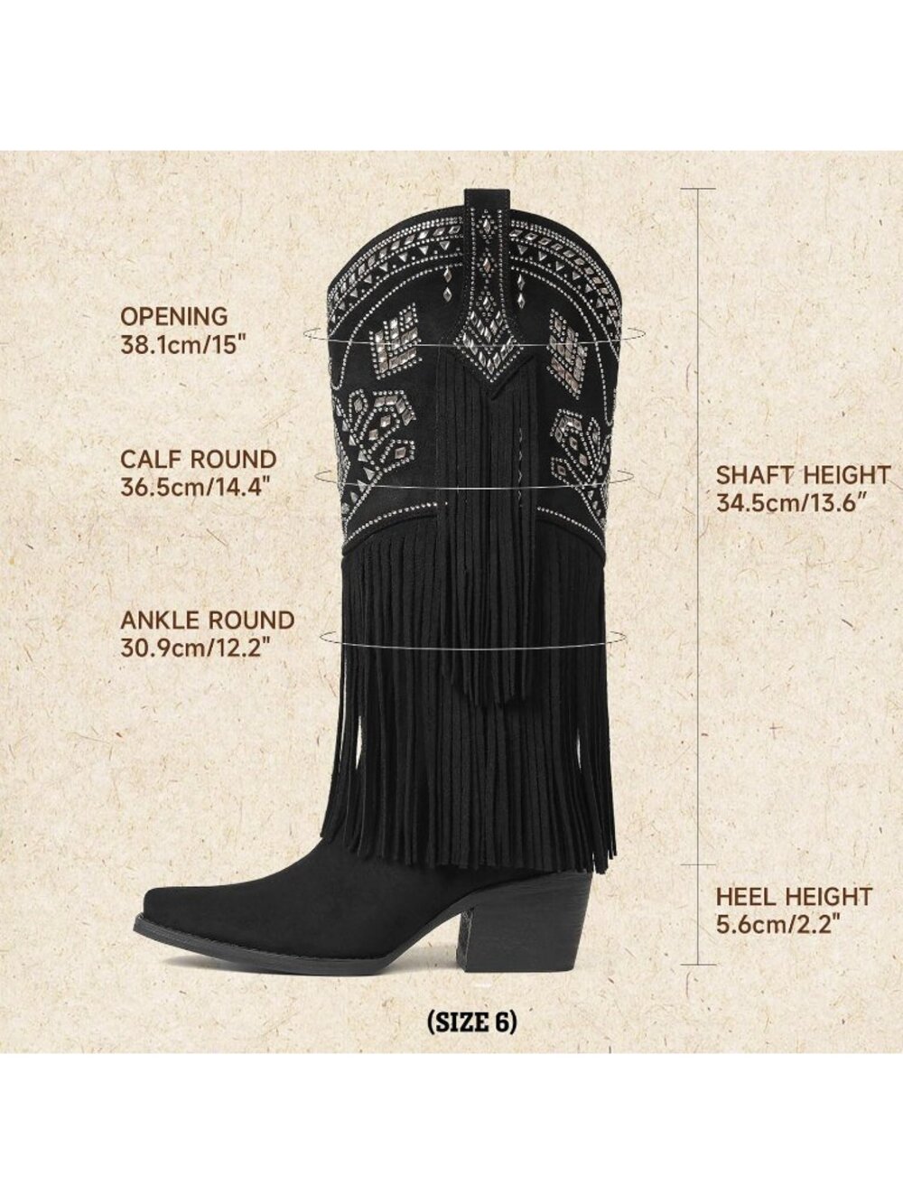 Women's Black Cowgirl Knee High Fringe Boots Pointed Toe Chunky Block Heel - Picture 4 of 6